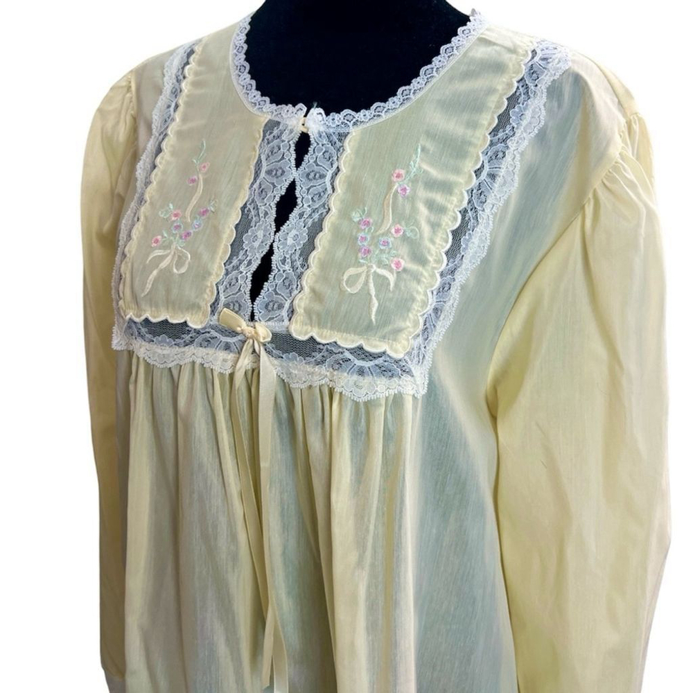 Vintage Barbizon yellow long sleeve lace floral embroidered night gown L